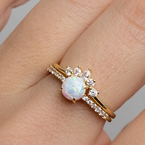 Opal Stacking Ring Set Dainty Opal Ring White Opal and CZ - Etsy