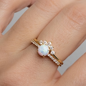 Opal Stacking Ring Set, Dainty Opal Ring, White Opal and CZ Ring, Gold Opal Ring, Sterling Silver Opal Ring, Delicate Opal Ring