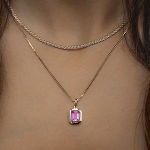Pink Gemstone Necklace, Pink Necklace, Baguette Necklace, Statement Necklace, Gift for Her, Bridesmaid Jewelry, Maid of Honor Gift Box Chain