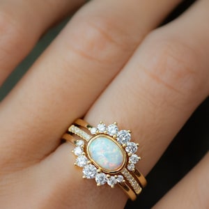 Jewelry 104 Delicate Opal Ring White Opal and CZ Ring Opal Stacking Ring Sterling Silver Opal Ring Dainty Opal Ring Bridesmaid Gift