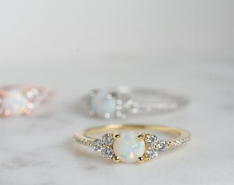 Dainty Opal Ring, Opal Stacking Ring, White Opal and CZ Ring, Gold Opal Ring, Sterling Silver Opal Ring, Delicate Opal Ring, Bridesmaid Gift