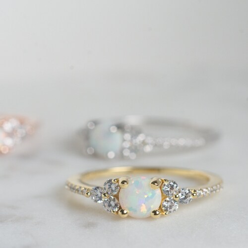 Dainty Opal Ring Opal Stacking Ring White Opal and CZ Ring - Etsy