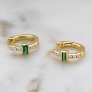 Baguette Emerald Huggies Earrings Gold Hoops Dainty Hoops Sterling Silver Small Hoop Earrings May Birthstone Gold Huggie Earrings