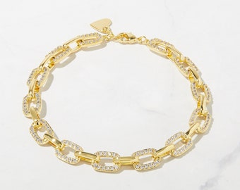 Pave Link Bracelet, Diamond Bracelet Chain, Chain Link Bracelet, Stacking Bracelet, Gold Link Bracelet, Gold Chain Bracelet, Dainty Bracelet