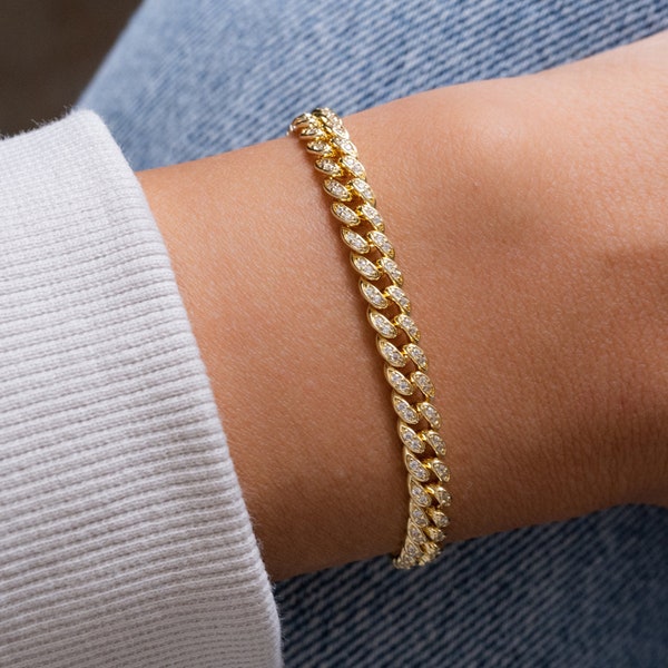 Kettingarmband, Cubaanse schakelarmband, Pave Cubaanse schakel, Curb Chain armband, gouden kettingarmband, gouden armband, cadeau voor haar, armband