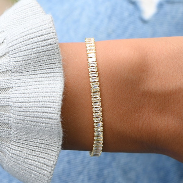 Bracelet de tennis baguette, bracelet de tennis en or, bracelet de tennis en zircone cubique, bracelet délicat, bracelet en diamant, cadeau pour elle,