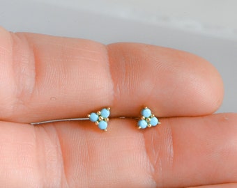 Turquoise Three Stone Stud Earrings, Turquoise Stud Earrings, Tiny Gold Studs, Turquoise Earrings, December Birthstone, Turquoise Studs