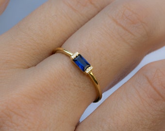 Sapphire Dainty Baguette Stacking Ring, Gold Minimalist Ring, Simple Sapphire Ring, Sterling Silver Ring, Thin Ring, Delicate Ring Gift