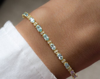 Aquamarine and CZ Bracelet, Tennis Bracelet, March Birthstone, Aquamarine Bracelet, Aquamarine Jewelry, Gold Bracelet, Gift for Her, Dainty