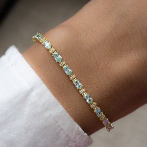 Aquamarine and CZ Bracelet, Tennis Bracelet, March Birthstone, Aquamarine Bracelet, Aquamarine Jewelry, Gold Bracelet, Gift for Her, Dainty