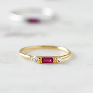 Ruby Dainty Baguette Stacking Ring, Gold Minimalist Ring, Simple Ruby Ring, Sterling Silver Ring, Thin Ring, Delicate Ring, Gift for Her image 7