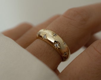 Dome Ring, Gold Dome Ring, Silver Dome Ring, Star Ring, Celestial Jewelry, Gift for Her,