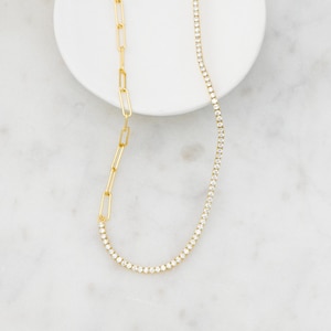 Half Tennis Half Paperclip Necklace, Paperclip Necklace, Tennis Necklace, Gold Link Chain, Minimalist Necklace, CZ Tennis Necklace, Gift