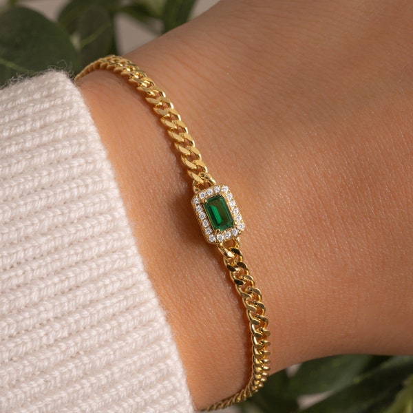 Emerald Bracelet with Diamond Halo, Cuban Chain Emerald Bracelet, May Birthstone, Emerald Jewelry Gemstone Bracelet Gift For Her Emerald Cut