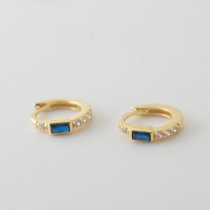 Baguette Sapphire Huggies Earrings Gold Tiny Hoops Dainty Hoops Sterling Silver Small Hoop Earrings September Birthstone Gold Huggie Earring