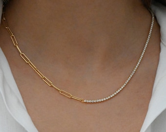 Half Tennis Half Paperclip Necklace, Paperclip Necklace, Tennis Necklace, Gold Link Chain, Minimalist Necklace, CZ Tennis Necklace, Gift