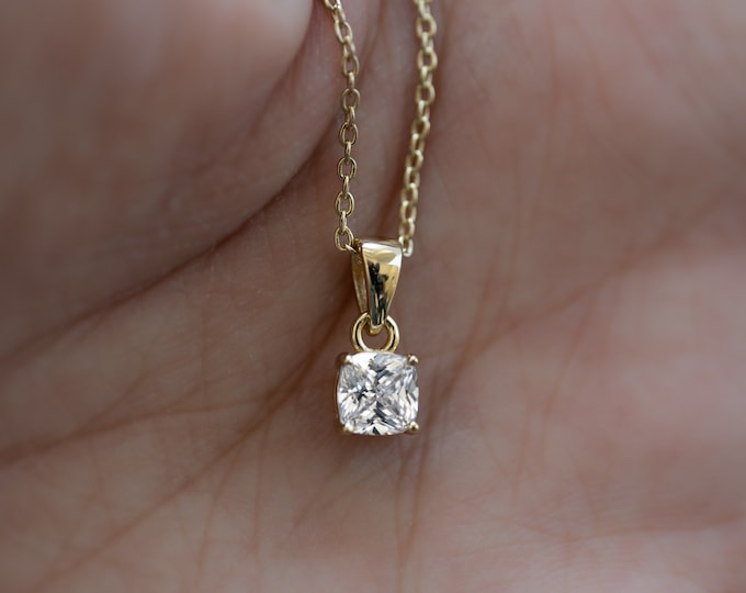 Cushion Diamond Necklace, Dainty Necklace, Gold Necklace, Layering Necklace, Gift for her, Diamond Pendant, CZ Necklace, Anniversary Gift