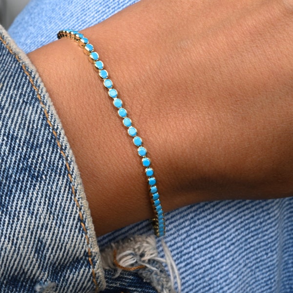 Turquoise Bracelet, Turquoise Tennis Bracelet, Dainty Bracelet, Turquoise Jewelry, Gift for Her, Minimalist Bracelet, Gold Tennis Bracelet