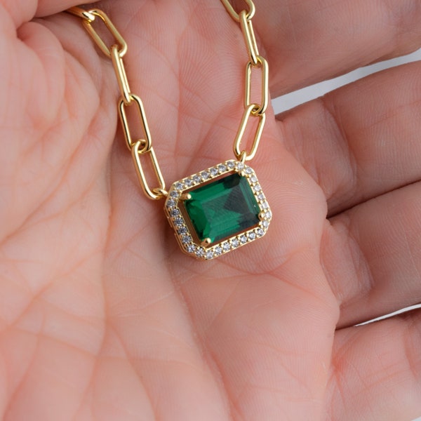 Emerald Necklace, Paperclip Baguette Emerald Necklace, Chain Necklace, May Birthstone, Emerald Jewelry, Gold Emerald Necklace Silver Emerald