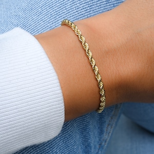 Pulsera de cadena de cuerda de oro de 3 mm, pulsera de cuerda de oro, pulsera delicada, pulsera minimalista, regalo para ella, pulsera de cadena,