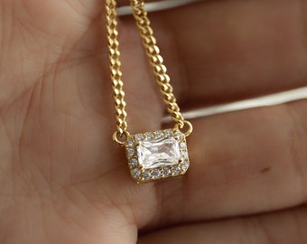 Diamond Necklace, Dainty Gold Necklace, Baguette Necklace, Gift for Her, Diamond Necklace, CZ Necklace, Emerald Cut Necklace, Baguette