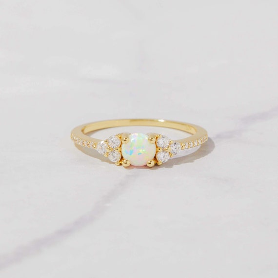 White Opal Ring, Opal Stacking Ring, White Opal and CZ Ring, Dainty Gold Opal Ring, Sterling Silver Opal Ring, Delicate Opal Ring, Gold Opal