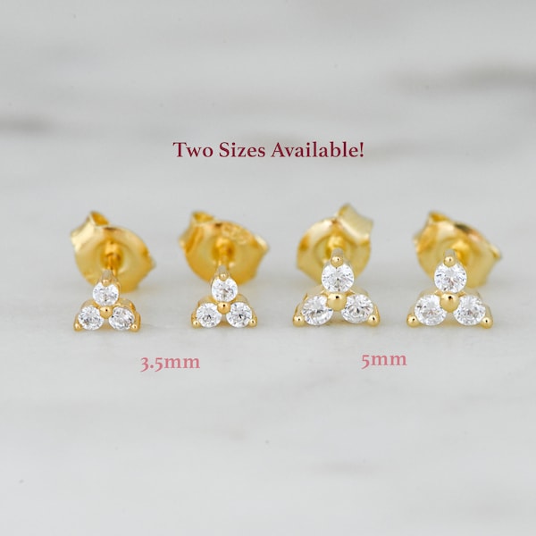 Tiny Three Stone Stud Earrings, Stud Earrings, Dainty Stud Earrings, Small Stud Earrings, Tiny Stud Earrings, Minimalist Earrings, Gift