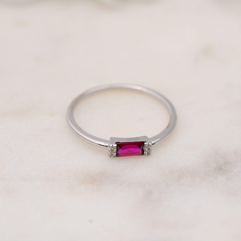 Ruby Dainty Baguette Stacking Ring, Gold Minimalist Ring, Simple Ruby Ring, Sterling Silver Ring, Thin Ring, Delicate Ring Gift for Her image 5