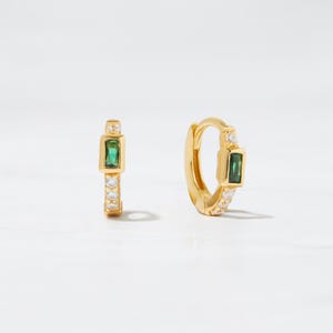 Baguette Emerald Huggies Earrings Gold Tiny Hoops Dainty Hoops Sterling Silver Small Hoop Earrings May Birthstone Gold Huggie Earrings