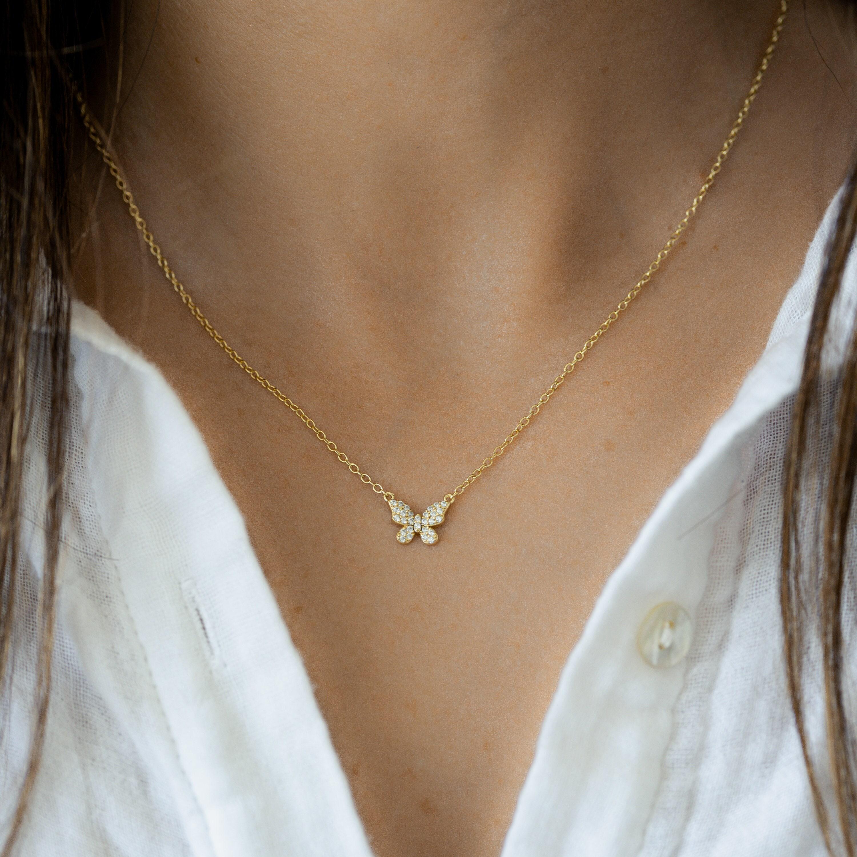 Collana Con Ciondolo Farfalla In Cristallo E Strass – Catena Argentata Regolabile – Gioiello Minimale Per Donna E Ragazza