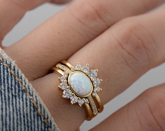 Dainty Opal Ring, Opal Stacking Ring, White Opal and CZ Ring, Gold Opal Ring, Sterling Silver Opal Ring, Delicate Opal Ring, Bridesmaid Gift