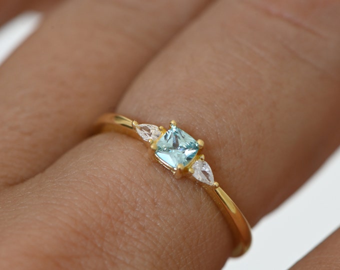 Aquamarine Dainty Ring, Gold Minimalist Ring, March Birthstone Ring, Sterling Silver Ring, Thin Ring, Delicate Ring, Gift for Her, Gemstone