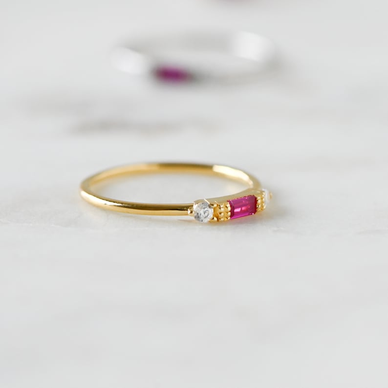 Ruby Dainty Baguette Stacking Ring, Gold Minimalist Ring, Simple Ruby Ring, Sterling Silver Ring, Thin Ring, Delicate Ring, Gift for Her image 5