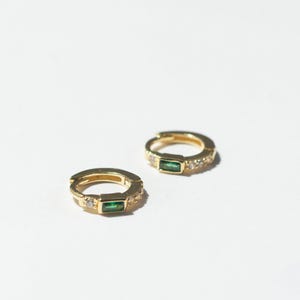 Baguette Emerald Huggies Earrings Gold Tiny Hoops Dainty Hoops Sterling Silver Small Hoop Earrings May Birthstone Gold Huggie Earrings