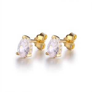Simple Gold Stud Earrings Minimalist Tear Drop Studs Dainty Earrings Cubic Zirconia Diamond Earrings CZ Earrings CZ Studs Bridal Earrings image 9