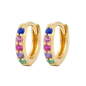 Diamond Rainbow Huggie Earrings, Gold Rainbow CZ Huggies, Huggies, Gold Tiny Hoops, Dainty Hoops, Silver Small Hoop Earrings image 8