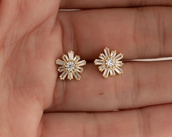 Diamond Flower Earrings, Stud Earrings, Diamond Studs, Wedding Jewelry, Bridesmaid Gift, Dainty Earrings, Minimalist Earrings, Gift for her