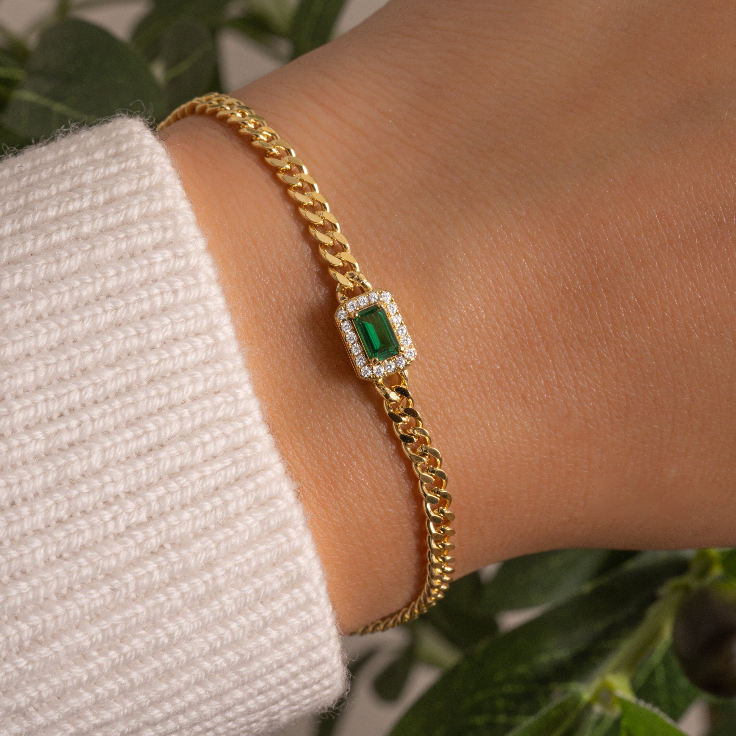 Emerald Bracelet with Diamond Halo, Cuban Chain Emerald Bracelet, May Birthstone, Emerald Jewelry Gemstone Bracelet Gift For Her Emerald Cut