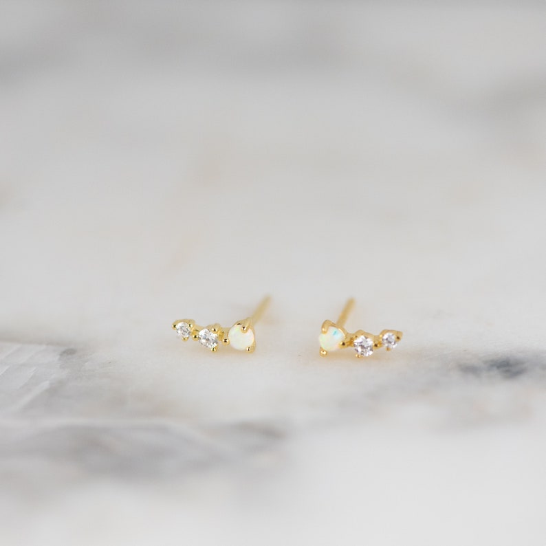 Opal Gold Studs, Opal Stud Earrings, White Opal Studs, Silver Studs, Opal Earrings, Tiny Gold Studs, Gold Stud Earrings, October Birthstone image 4