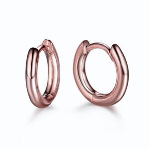 May include: A pair of rose gold hoop earrings. The earrings are small and delicate, with a smooth, polished finish.