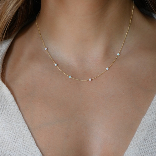Opal Necklace, Dainty White Opal Necklace, Opal Jewelry, October Birthstone, Gift for Her, Minimalist Opal Necklace, Opal Beaded Necklace