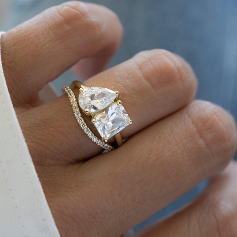 Toi et Moi Ring and Matching Band Set, Promise Ring, Engagement Ring, Two Stone Ring, Wedding Ring, Anniversary Gift, Gift for Her, Ring Set image 1