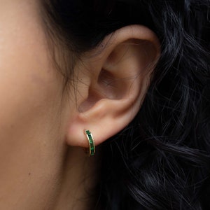 Emerald Earrings, Emerald Huggie Hoops, May Birthstone, Gold Hoop Earrings, Emerald Huggies, Small Hoop Earrings, Emerald Jewelry, Huggies image 2