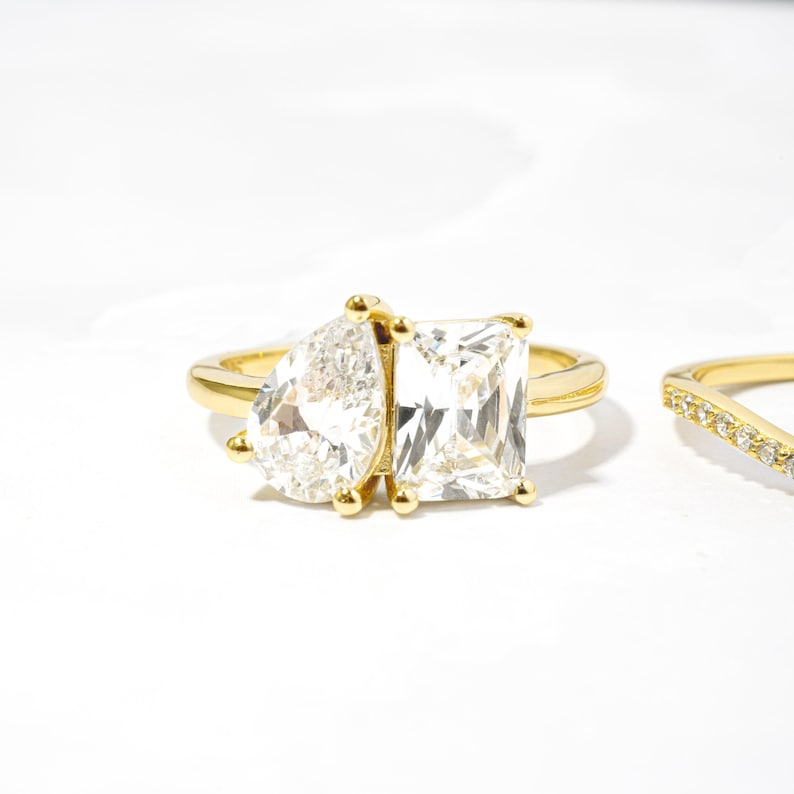 Toi et Moi Ring and Matching Band Set, Promise Ring, Engagement Ring, Two Stone Ring, Wedding Ring, Anniversary Gift, Gift for Her, Ring Set image 8