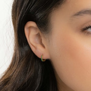 Emerald Earrings, Green Earrings, Hoop Earrings, Dainty Earrings, Tiny Hoop Earrings, Minimalist Earrings, Gold Earrings, Small Hoops, Gift image 8