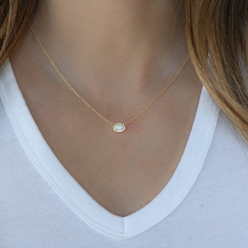 Opal Necklace, Dainty White Opal Necklace, Opal Jewelry, October Birthstone, Gift for Her, Minimalist Opal Necklace, Gold Opal Necklace, image 1