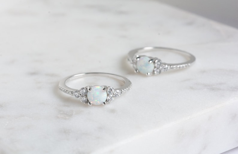 Dainty Opal Ring Opal Stacking Ring White Opal and CZ Ring - Etsy
