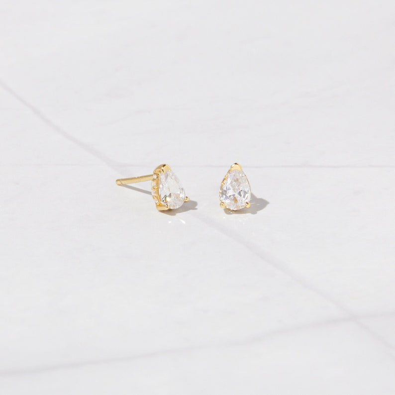 Simple Gold Stud Earrings Minimalist Tear Drop Studs Dainty Earrings Cubic Zirconia Diamond Earrings CZ Earrings CZ Studs Bridal Earrings image 1