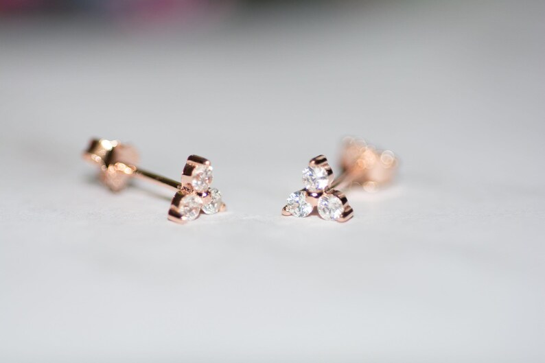 Three Stone CZ Stud Earrings, Triangle CZ Earrings, Simple Gold Stud Earrings, Dainty Stud Earrings, Triangle Shaped Diamond Earrings image 8