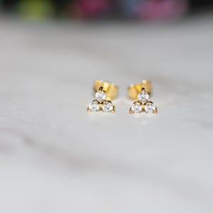 Three Stone CZ Stud Earrings, Triangle CZ Earrings, Simple Gold Stud Earrings, Dainty Stud Earrings, Triangle Shaped Diamond Earrings image 6